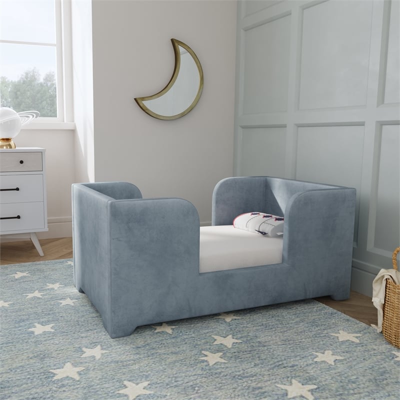 Pemberly Row Contemporary Polyester Toddler Bed in Blue Finish