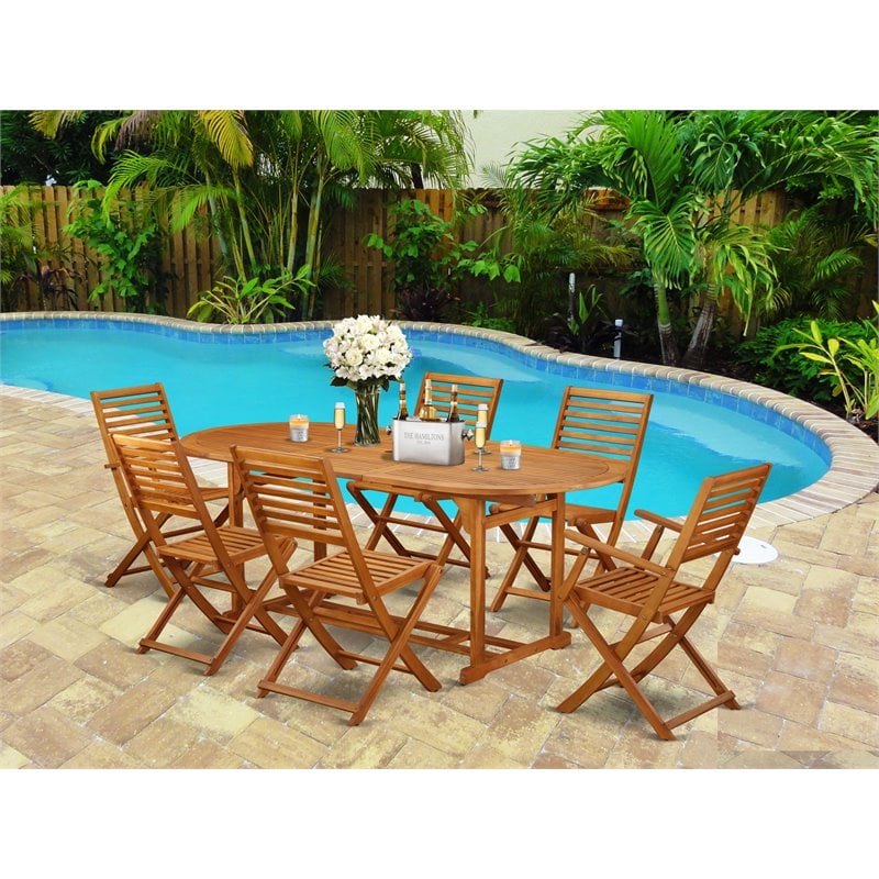 Pemberly Row Traditional 7-piece Wood Patio Dining Set in Natural Oil