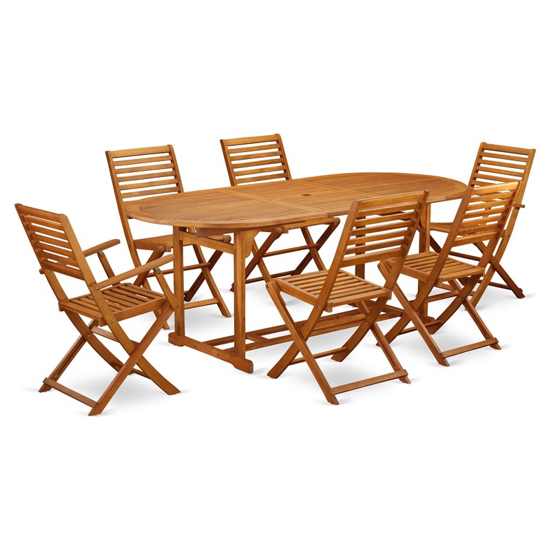 Pemberly Row Traditional 7-piece Wood Patio Dining Set in Natural Oil