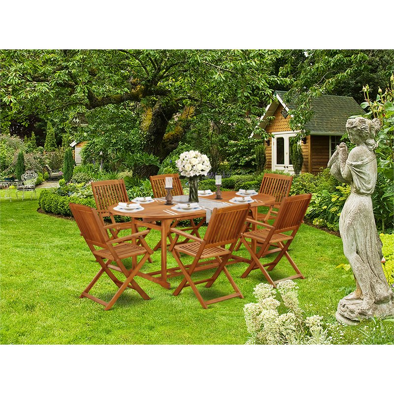 Pemberly Row Traditional 7-piece Wood Outside Patio Dining Set in Natural Oil