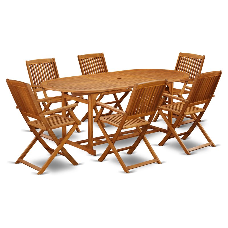 Pemberly Row Traditional 7-piece Wood Outside Patio Dining Set in Natural Oil
