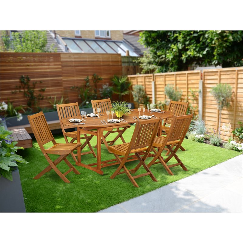 Pemberly Row Traditional 7-piece Patio Dining Set with Slat Back in Natural Oil