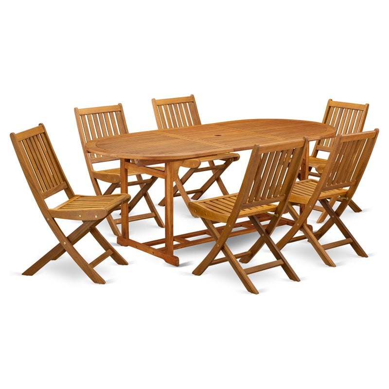 Pemberly Row Traditional 7-piece Patio Dining Set with Slat Back in Natural Oil