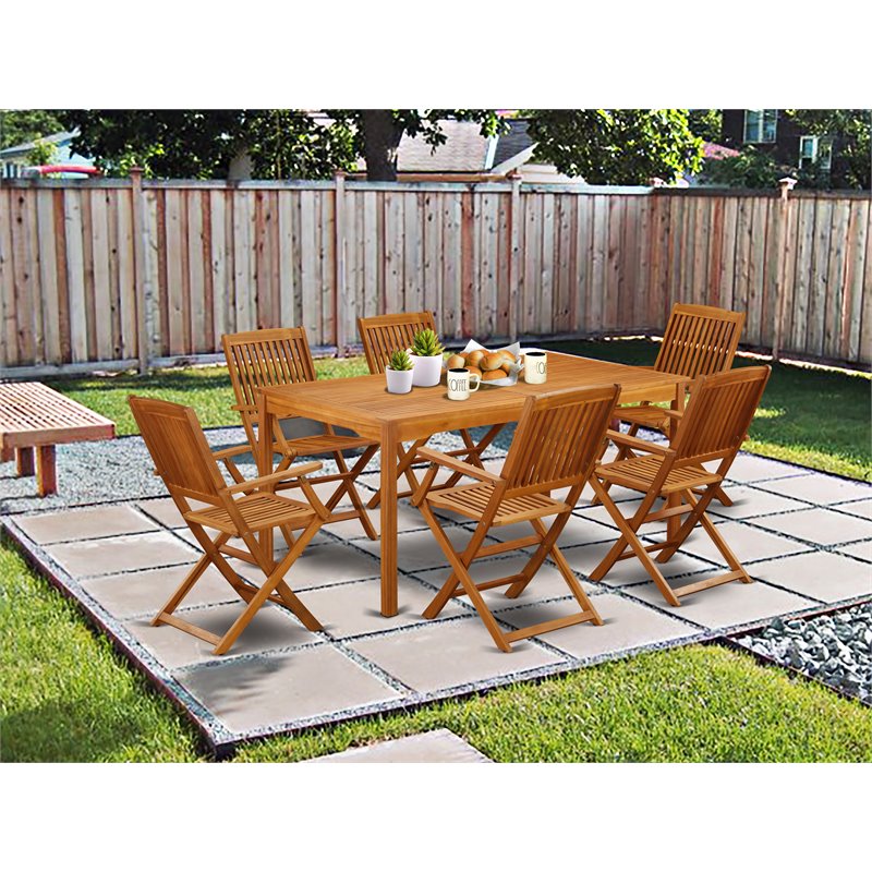 Pemberly Row Traditional 7-piece Wood Outdoor Set in Natural Oil