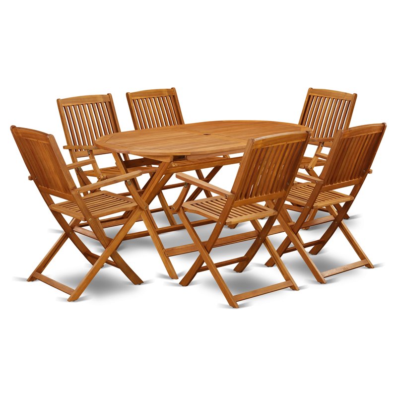 Pemberly Row Traditional 7-piece Wood Outdoor Set in Natural Oil