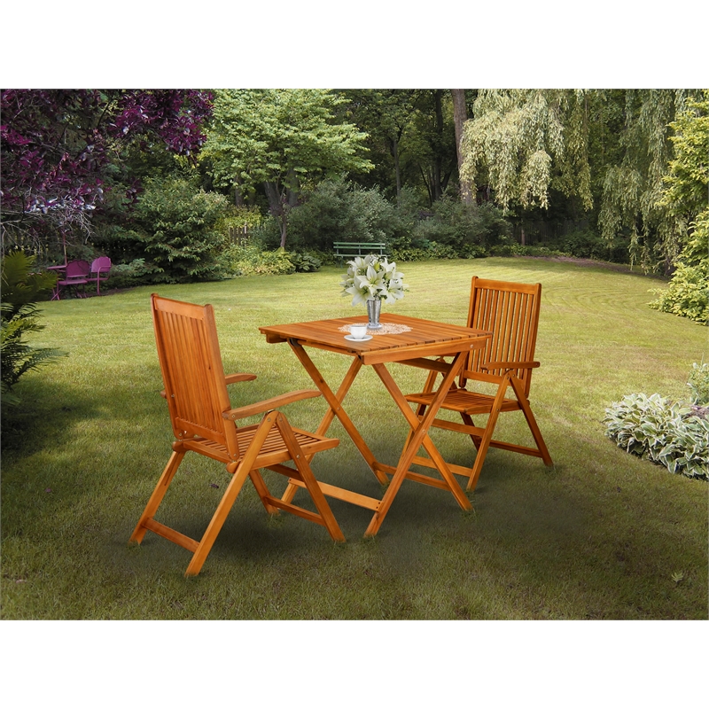 Pemberly Row Folding Patio Table and 2 Bistro Chair in Natural Oil Finish