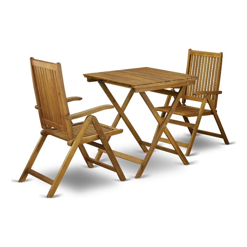 Pemberly Row Folding Patio Table and 2 Bistro Chair in Natural Oil Finish