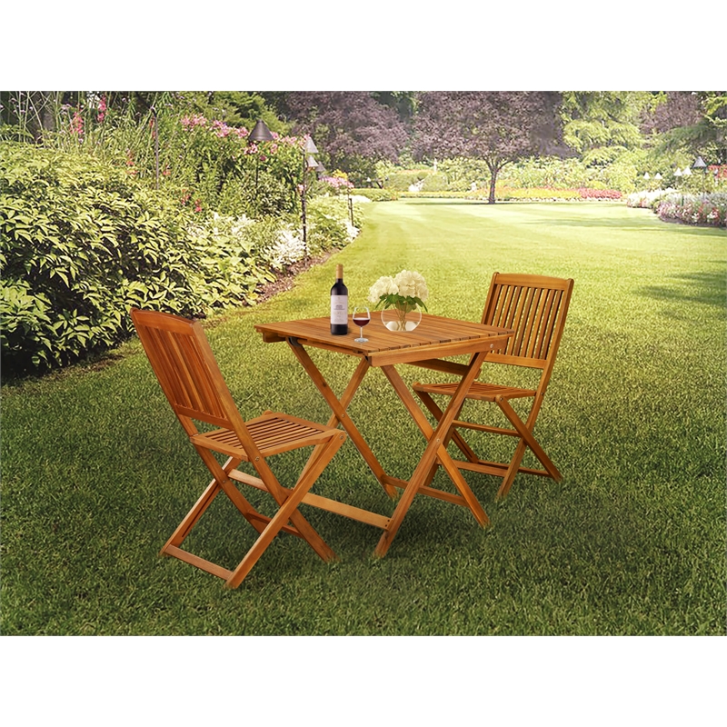 Pemberly Row Folding Patio Table & 2 Folding Outdoor Chair in Natural Oil Finish