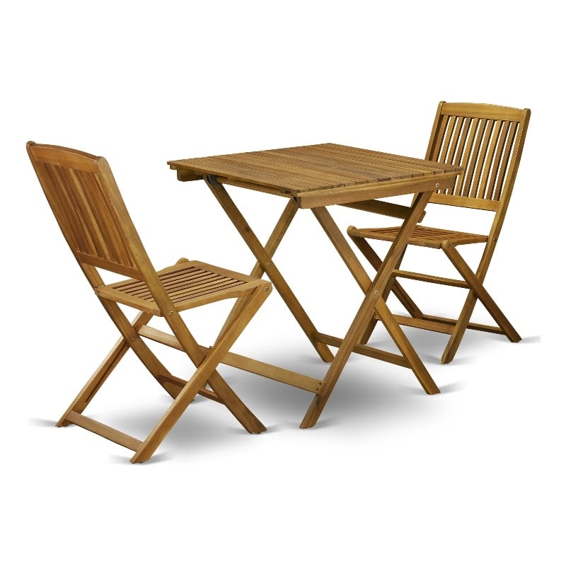 Pemberly Row Folding Patio Table & 2 Folding Outdoor Chair in Natural Oil Finish