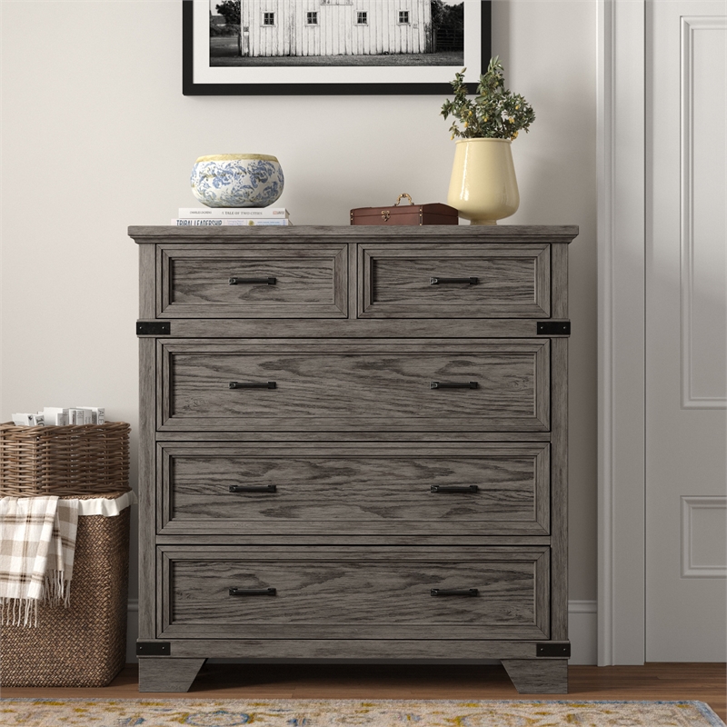 Pemberly Row Traditional 5-Drawer Media Chest in Distressed Gray Wood