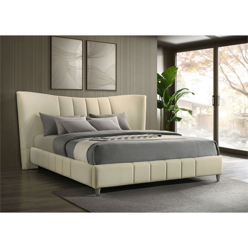 Pemberly Row Upholstered Velvet Eastern King Panel Platform Bed in Ivory