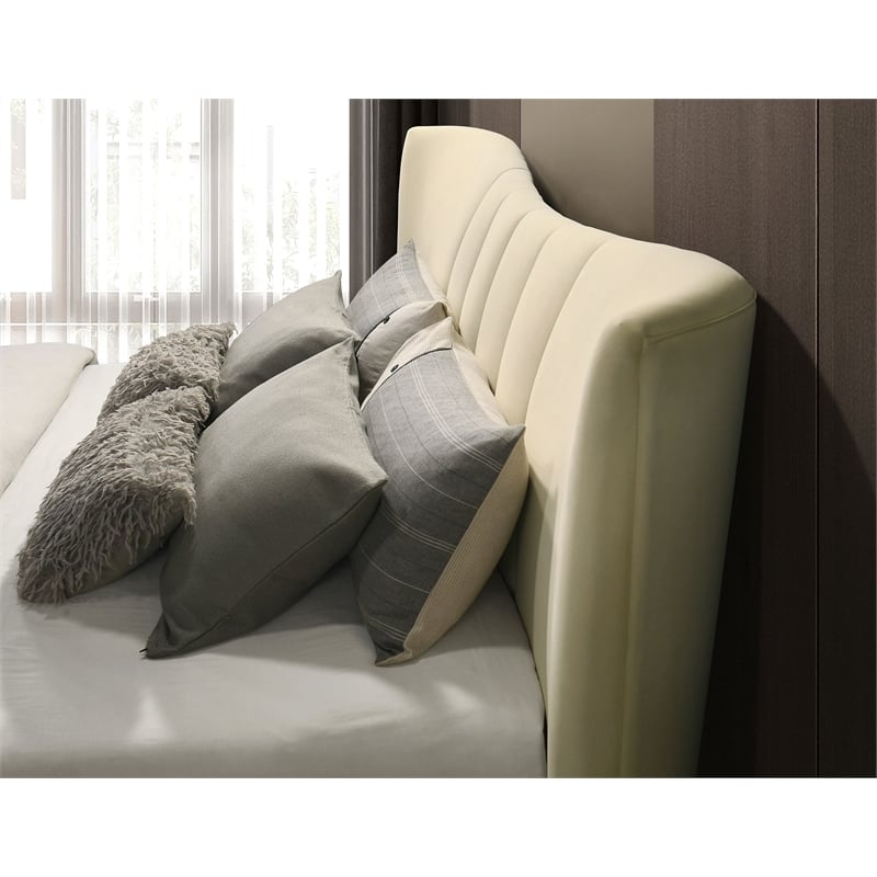 Pemberly Row Upholstered Velvet Eastern King Panel Platform Bed in Ivory