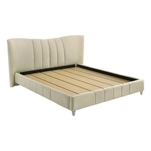 Pemberly Row Upholstered Velvet Eastern King Panel Platform Bed in Ivory