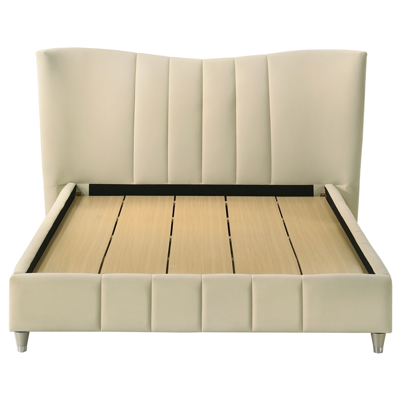 Pemberly Row Upholstered Velvet Queen Panel Platform Bed in Ivory
