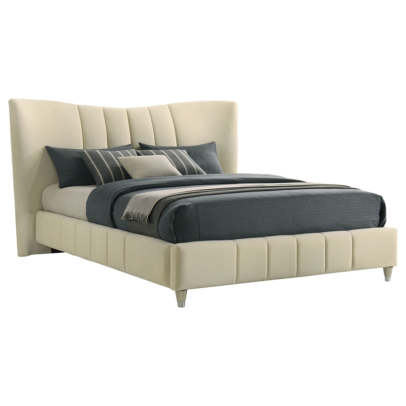 Pemberly Row Upholstered Velvet Queen Panel Platform Bed in Ivory