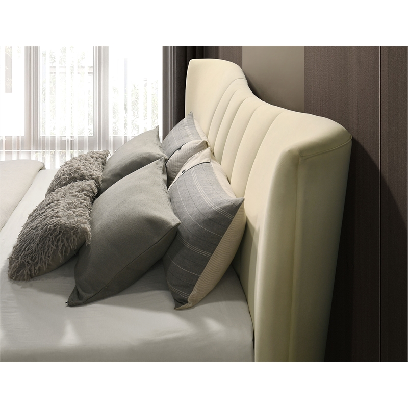 Pemberly Row Upholstered Velvet Queen Panel Platform Bed in Ivory