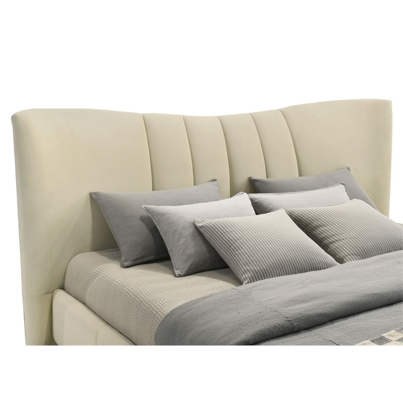 Pemberly Row Upholstered Velvet Queen Panel Platform Bed in Ivory