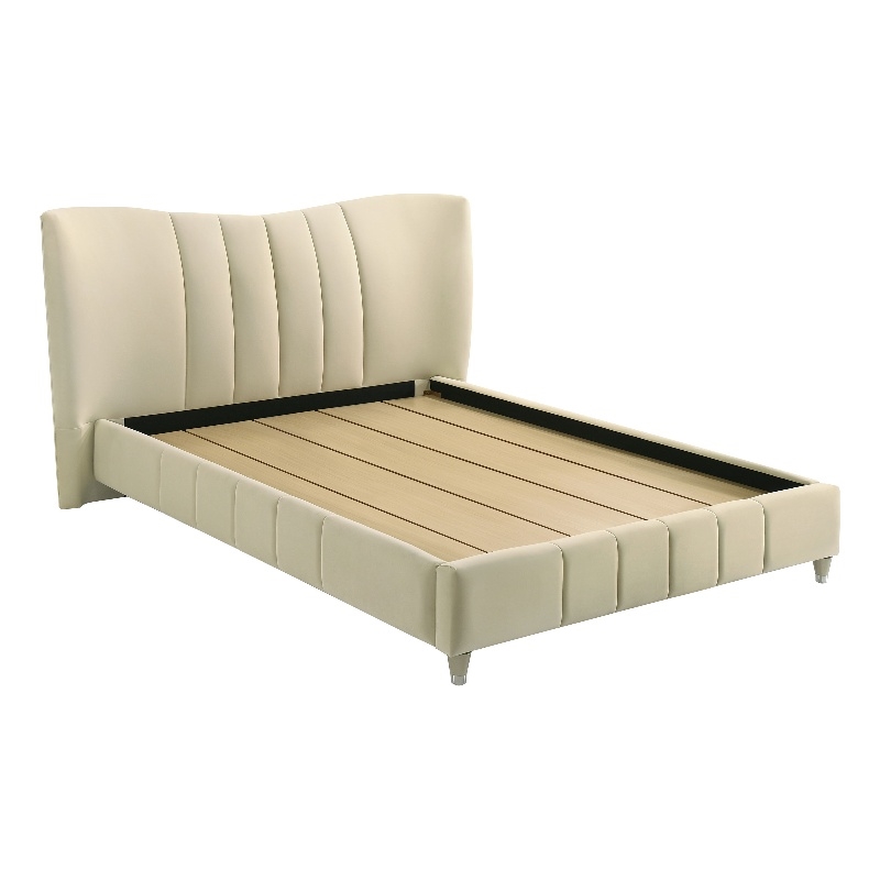 Pemberly Row Upholstered Velvet Queen Panel Platform Bed in Ivory