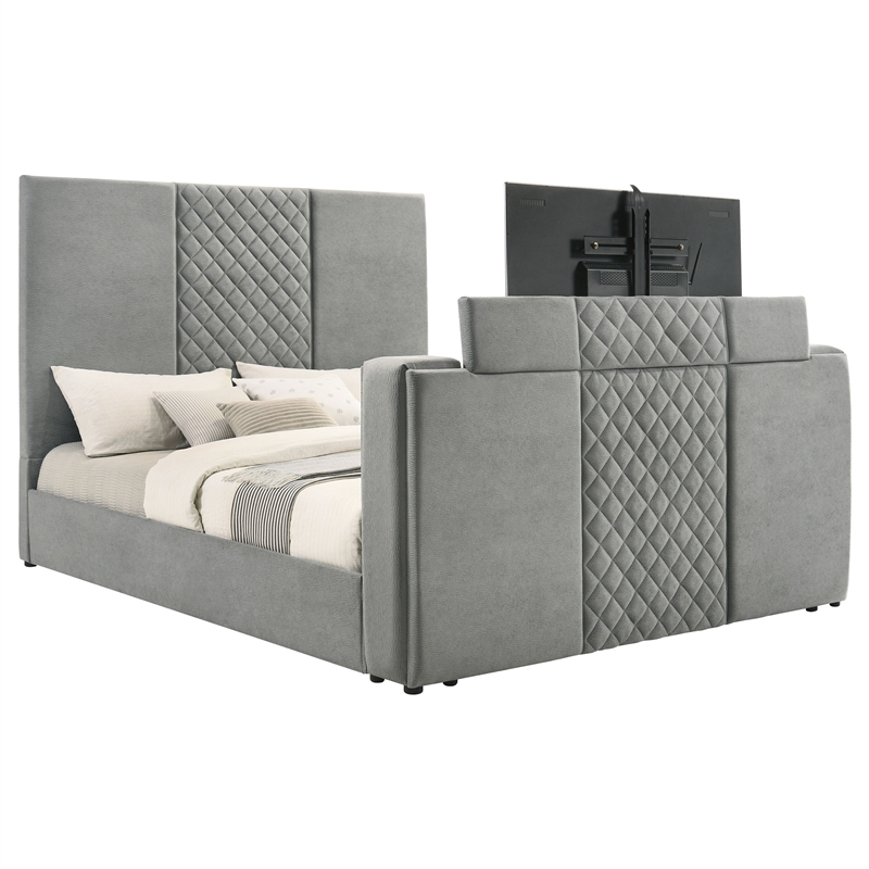 Pemberly Row Contemporary Upholstered Velvet Eastern King Panel TV Bed in Gray