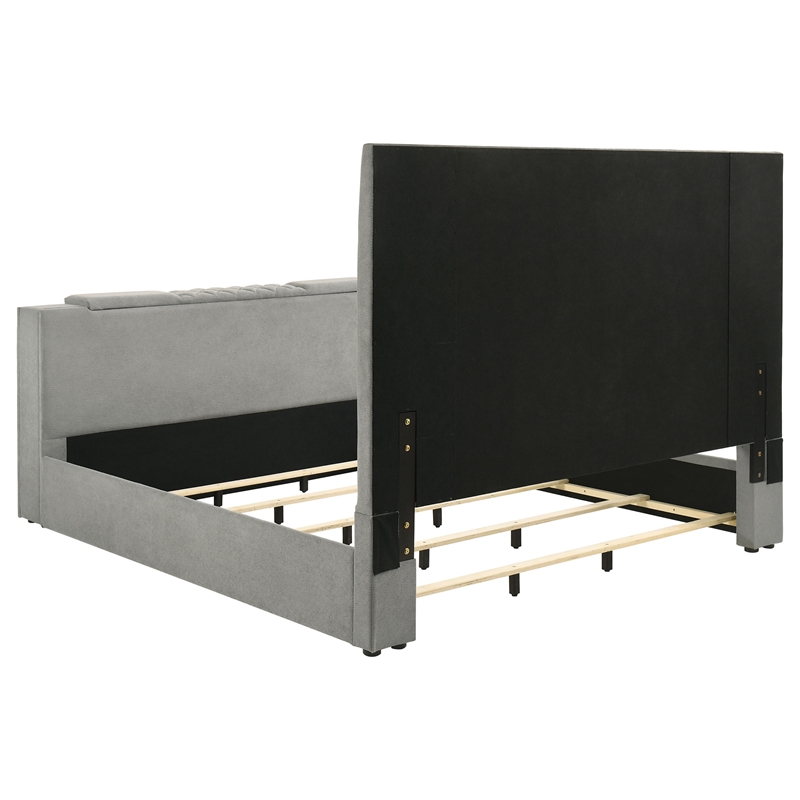 Pemberly Row Contemporary Upholstered Velvet Eastern King Panel TV Bed in Gray