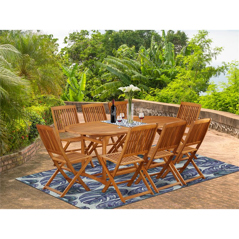 Pemberly Row Traditional 9-piece Wood Outdoor Set in Natural Oil