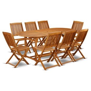 Pemberly Row Traditional 9-piece Wood Outdoor Set in Natural Oil