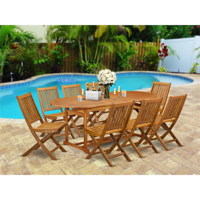 Pemberly Row Traditional 9-piece Patio Dining Set with Slat Back in Natural Oil