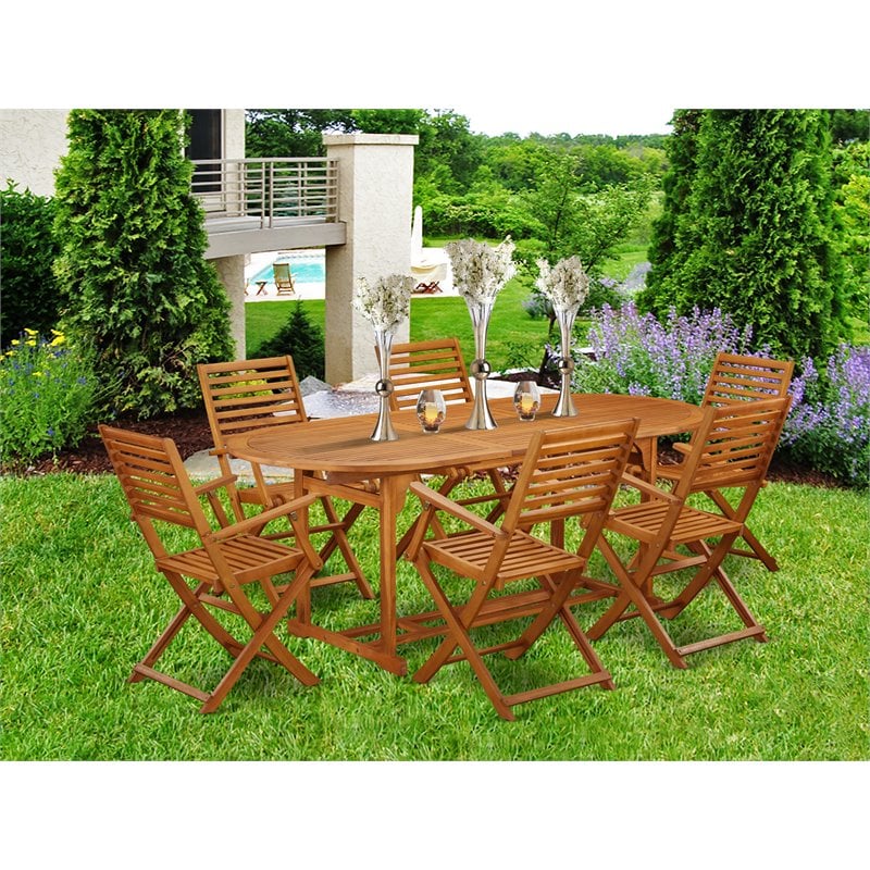 Pemberly Row Traditional 7-piece Wood Outdoor Dining Set in Natural Oil
