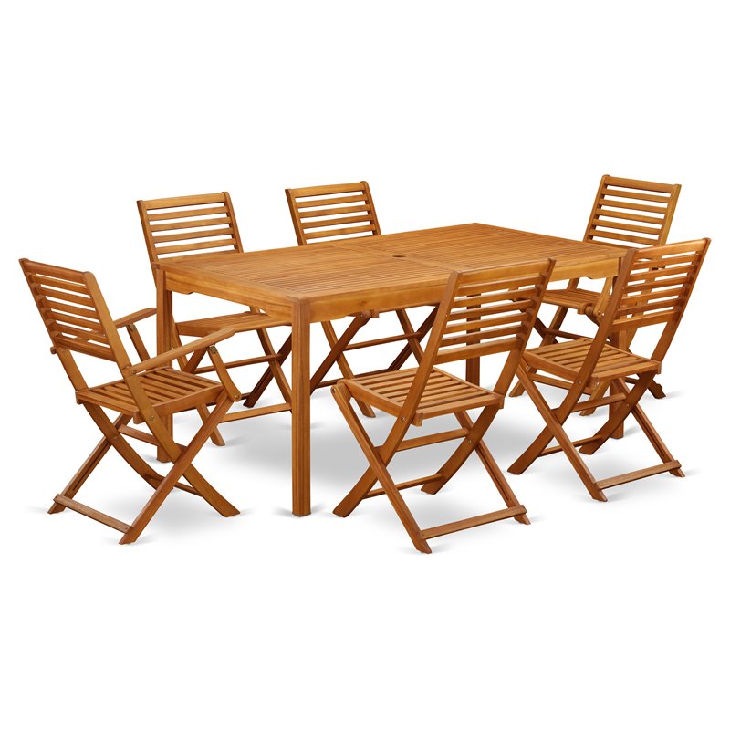 Pemberly Row Traditional 7-piece Wood Patio Dining Set in Natural Oil