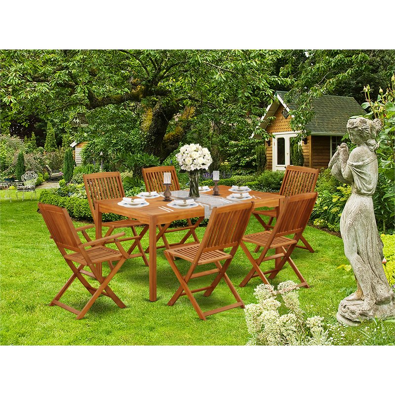 Pemberly Row Traditional 7-piece Wood Outdoor Dining Set in Natural Oil