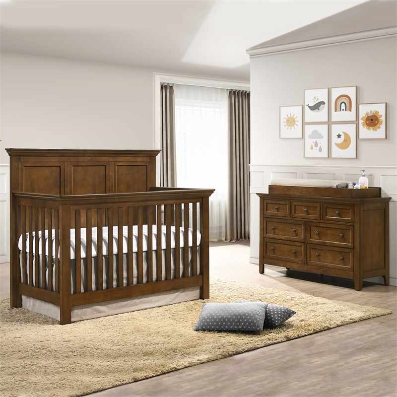 Pemberly Row Nursery Set with Convertible Crib, Changer Top, and Toddler Rail in Tuscan Brown