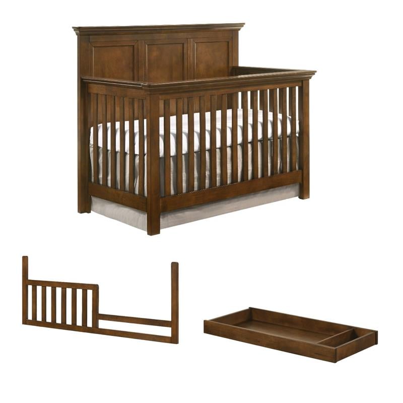 Pemberly Row Nursery Set with Convertible Crib, Changer Top, and Toddler Rail in Tuscan Brown