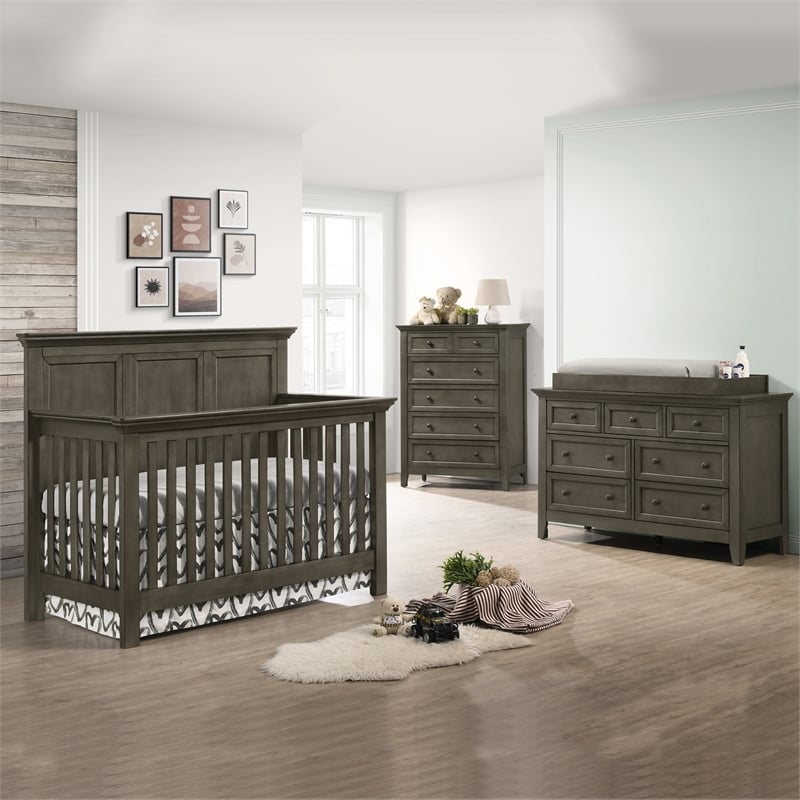 Pemberly Row Nursery Set with Convertible Crib, Bed Rails, Changer Top, and Toddler Rail in Gray