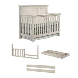 Pemberly Row Nursery Set with Convertible Crib, Toddler Rail, Full Bed Rails & Changer Top in Rustic White