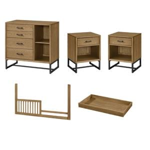 Pemberly Row 5-Piece Set: Drawer Chest, Changing Tray, 2 Nightstands, Toddler Rail in Natural Oak