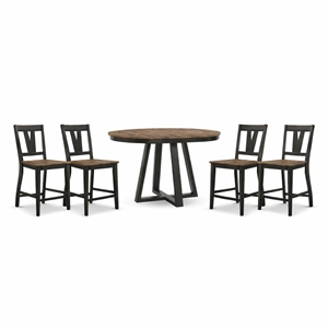 Pemberly Row Dining Set of 5 - Counter Table and 4 Splat Back Stools in Brown/Pecan - Solid Wood