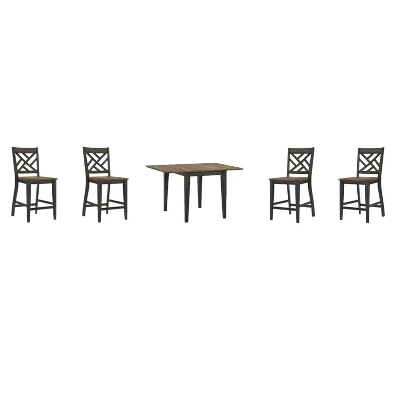 Pemberly Row Dining Set with 4 Lattice Back Stools and Drop Leaf Table in Brown/Pecan Finish