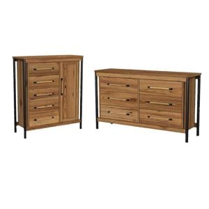 Pemberly Row Gentleman's Chest and Double Dresser Set in Hickory Finish