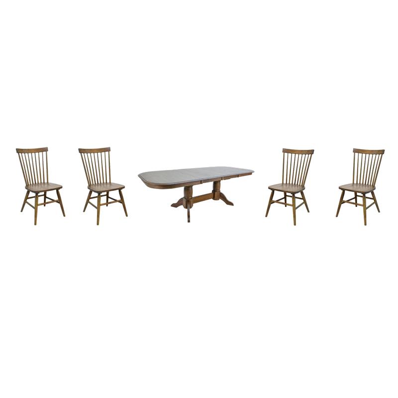 Pemberly Row Dining Set with Trestle Table and Spindle Chairs in Chestnut Finish