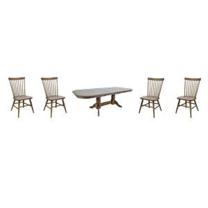 Pemberly Row Dining Set with Trestle Table and Spindle Chairs in Chestnut Finish