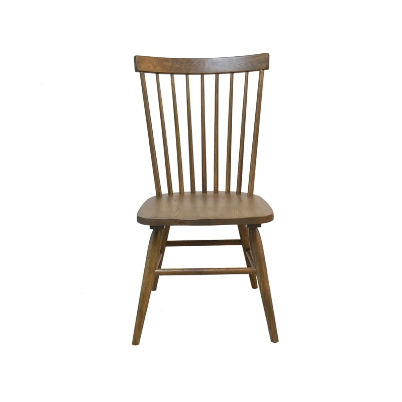Pemberly Row Dining Set with Round Pedestal Table and 2 Spindle Back Chairs in Chestnut Finish