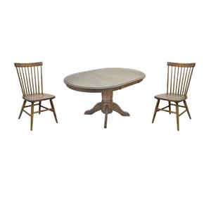 Pemberly Row Dining Set with Round Pedestal Table and 2 Spindle Back Chairs in Chestnut Finish