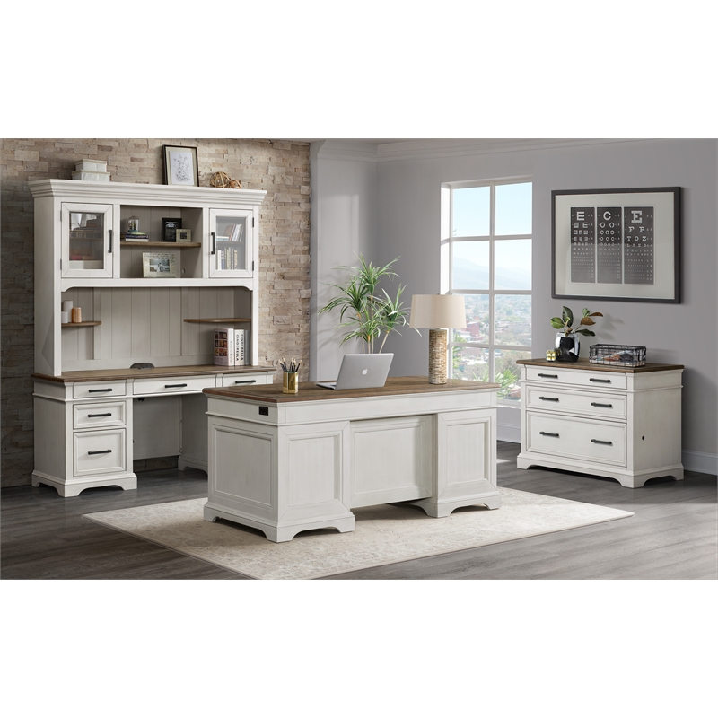 Pemberly Row Home Office Set of 4 - Bookcasess and Lateral File Cabinet in White & French Oak