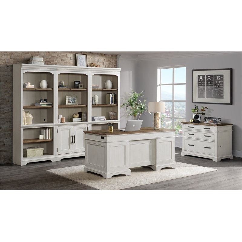 Pemberly Row Home Office Set of 4 - Bookcasess and Lateral File Cabinet in White & French Oak