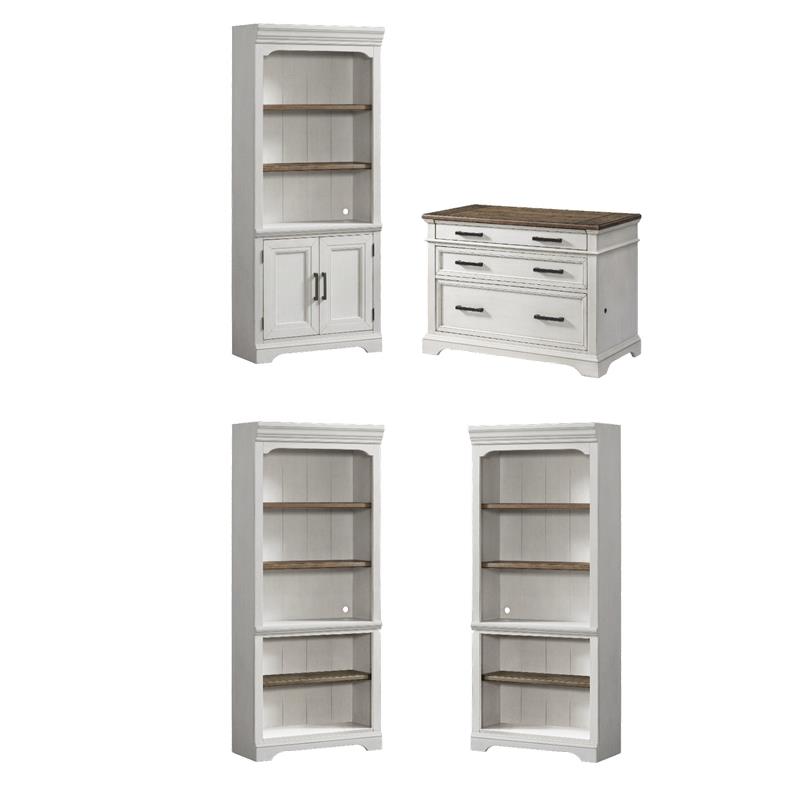 Pemberly Row Home Office Set of 4 - Bookcasess and Lateral File Cabinet in White & French Oak
