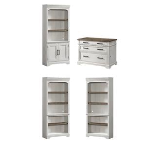 Pemberly Row Home Office Set of 4 - Bookcasess and Lateral File Cabinet in White & French Oak