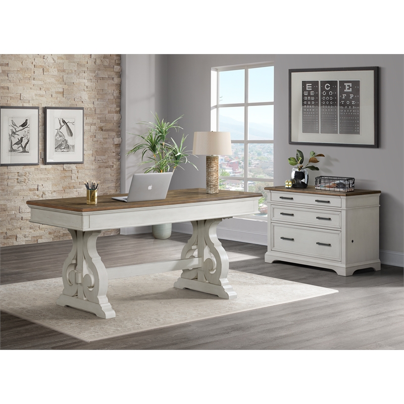 Pemberly Row Home Office Set with Lateral File Cabinet and Writing Desk in White and Oak