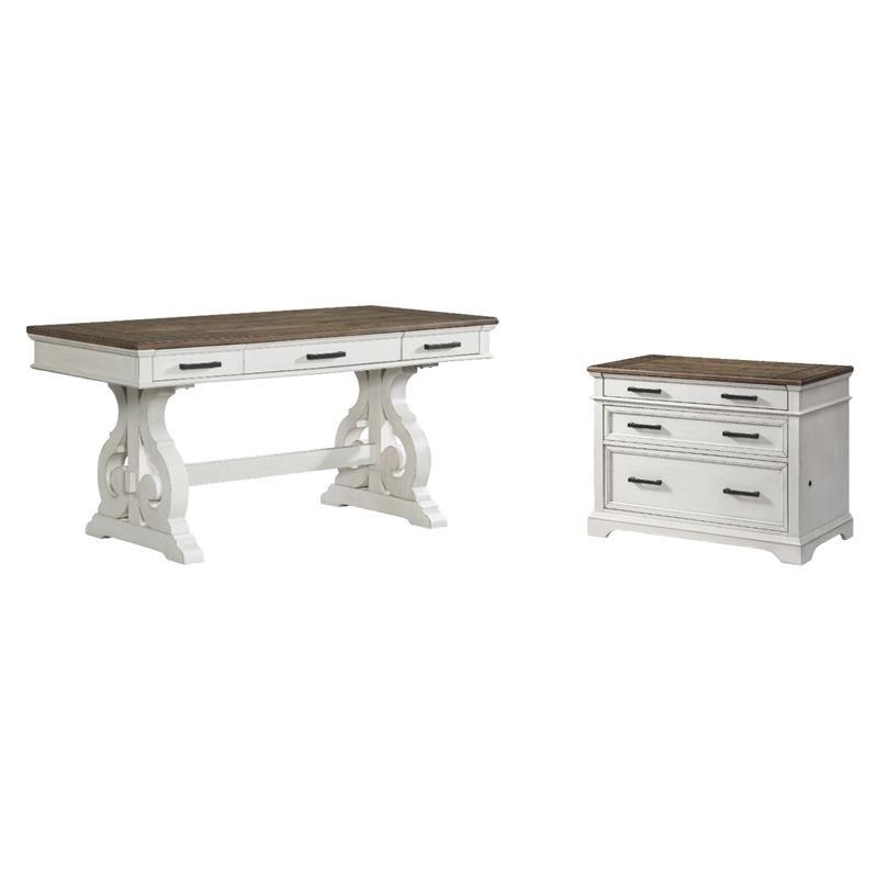 Pemberly Row Home Office Set with Lateral File Cabinet and Writing Desk in White and Oak