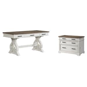 Pemberly Row Home Office Set with Lateral File Cabinet and Writing Desk in White and Oak