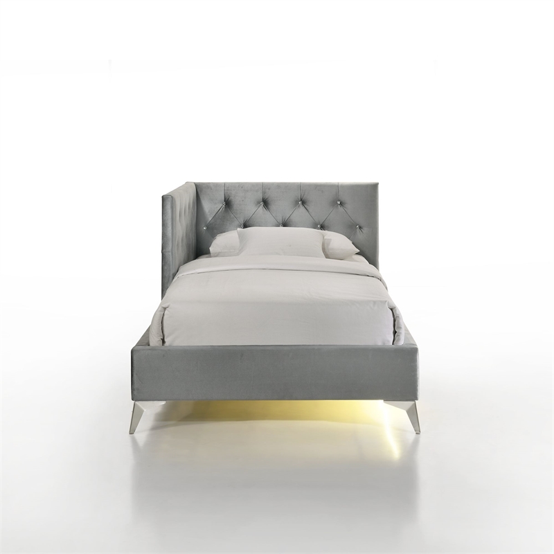 Pemberly Row Contemporary Twin Upholstered Corner Bed with LED and USB in Gray